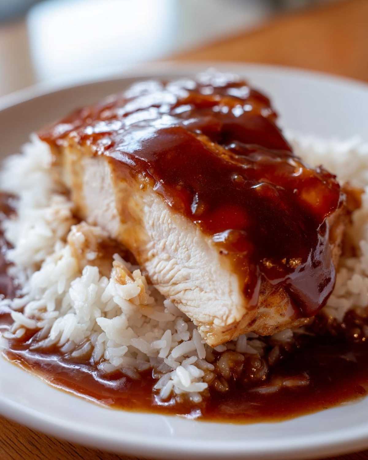 Close-up of a thick slice of Smothered Chicken and Rice, covered in rich brown gravy.