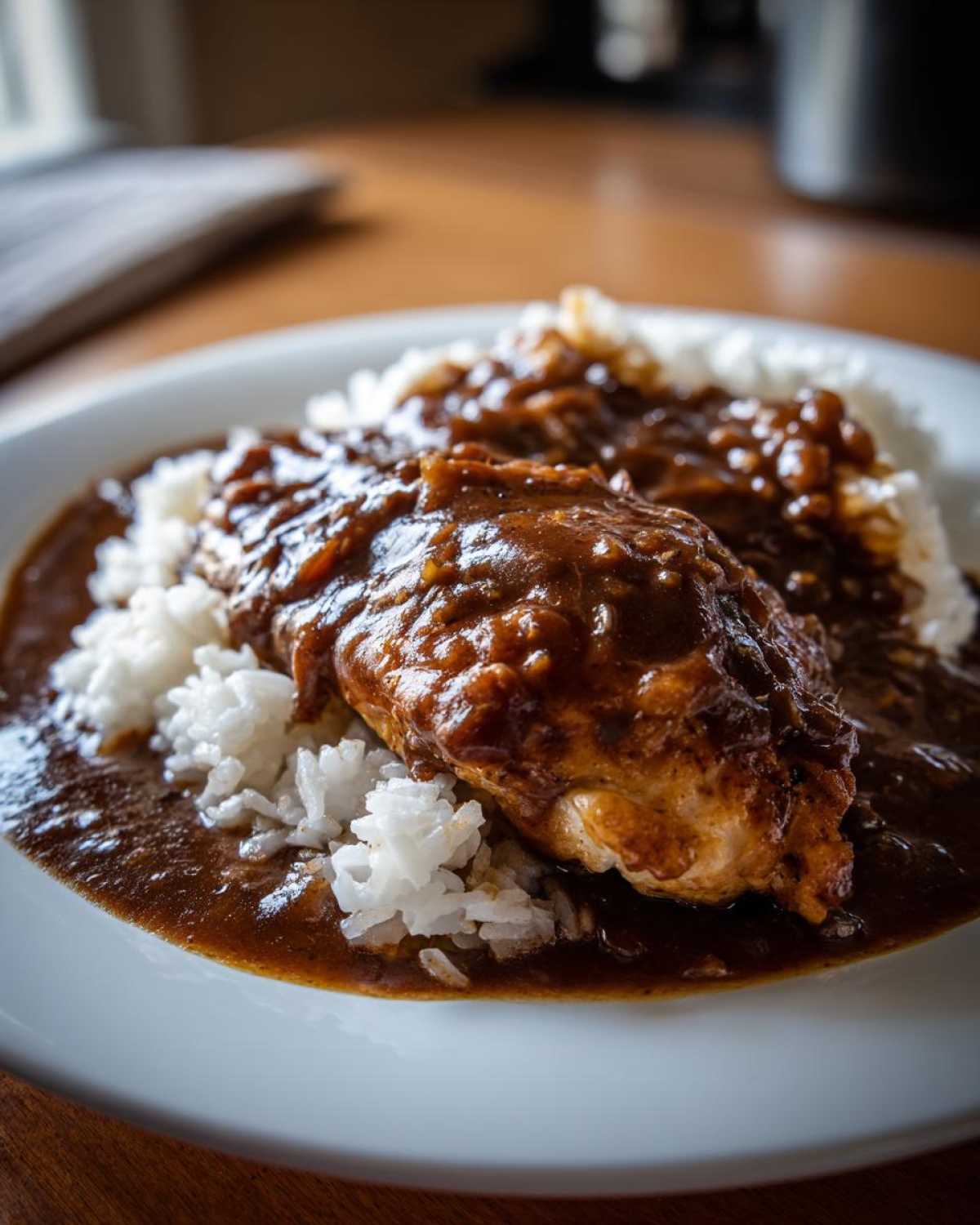 A close-up of a tender chicken breast covered in rich brown gravy served over white rice, representing Smothered Chicken and Rice.