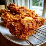 Close-up of perfectly golden, crispy Southern Fried Chicken resting on a wire cooling rack over a white plate.