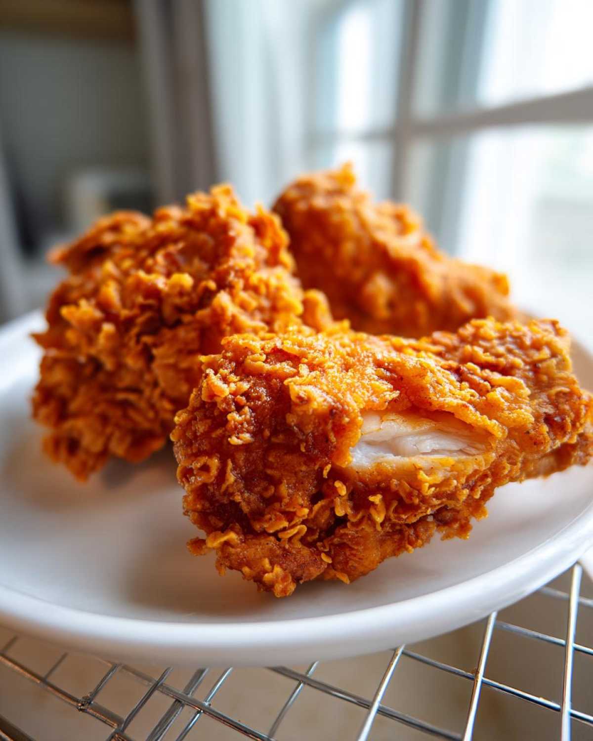 Close-up of three pieces of golden brown, extra crispy Southern Fried Chicken Crispy and Delight resting on a white plate.