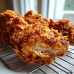Close-up of juicy Southern Fried Chicken Crispy and Delight with an extremely crunchy, golden-brown coating resting on a cooling rack.