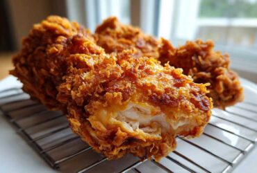 Close-up of juicy Southern Fried Chicken Crispy and Delight with an extremely crunchy, golden-brown coating resting on a cooling rack.