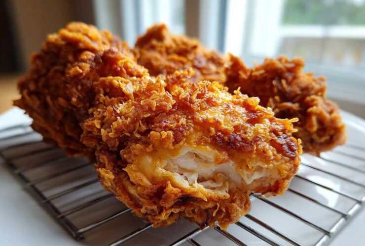 Close-up of juicy Southern Fried Chicken Crispy and Delight with an extremely crunchy, golden-brown coating resting on a cooling rack.
