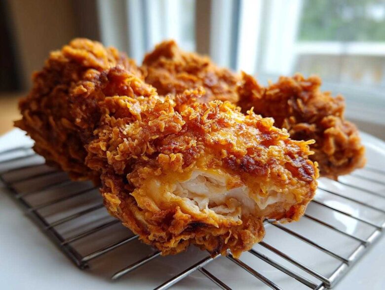 Close-up of juicy Southern Fried Chicken Crispy and Delight with an extremely crunchy, golden-brown coating resting on a cooling rack.