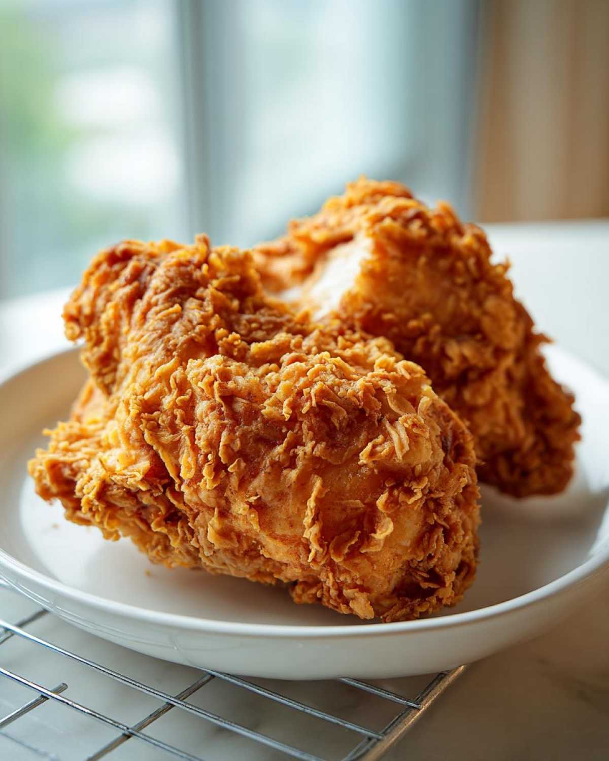 Two pieces of golden brown, incredibly crispy Southern Fried Chicken Crispy and Delight resting on a white plate.