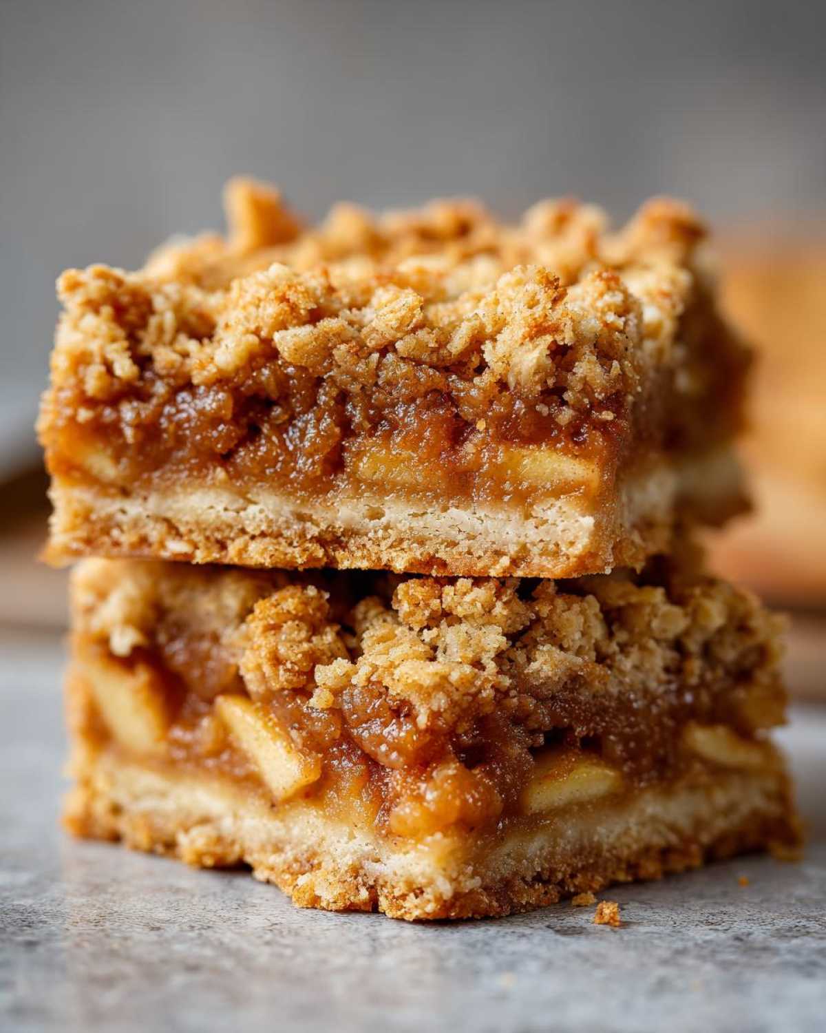 Two stacked squares of delicious Apple Bars featuring a thick layer of spiced apple filling and a crumbly streusel topping.