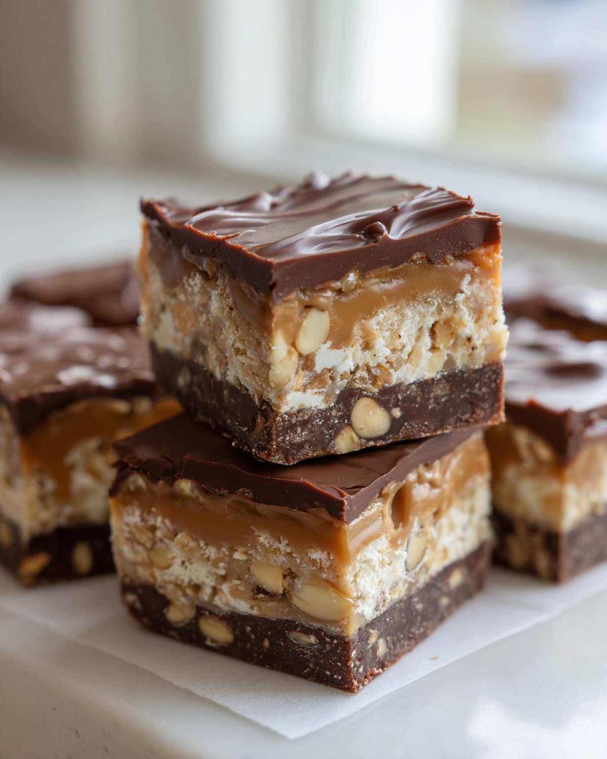 Two stacked squares of rich Snickers Fudge showing a dark chocolate base, nougat, caramel, peanuts, and a chocolate topping.
