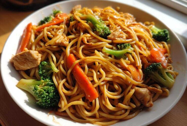 A close-up of a white bowl filled with glossy Stir Fried Lo Mein noodles, chicken pieces, bright green broccoli florets, and sliced carrots.
