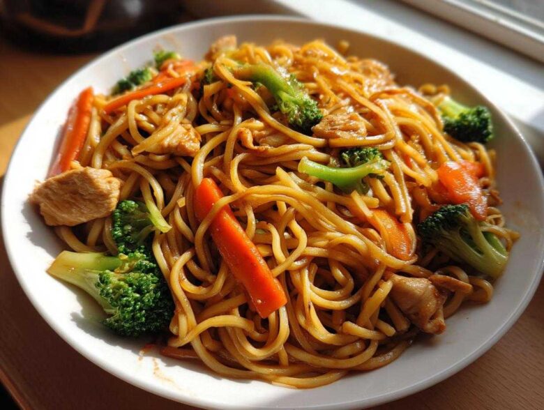 A close-up of a white bowl filled with glossy Stir Fried Lo Mein noodles, chicken pieces, bright green broccoli florets, and sliced carrots.