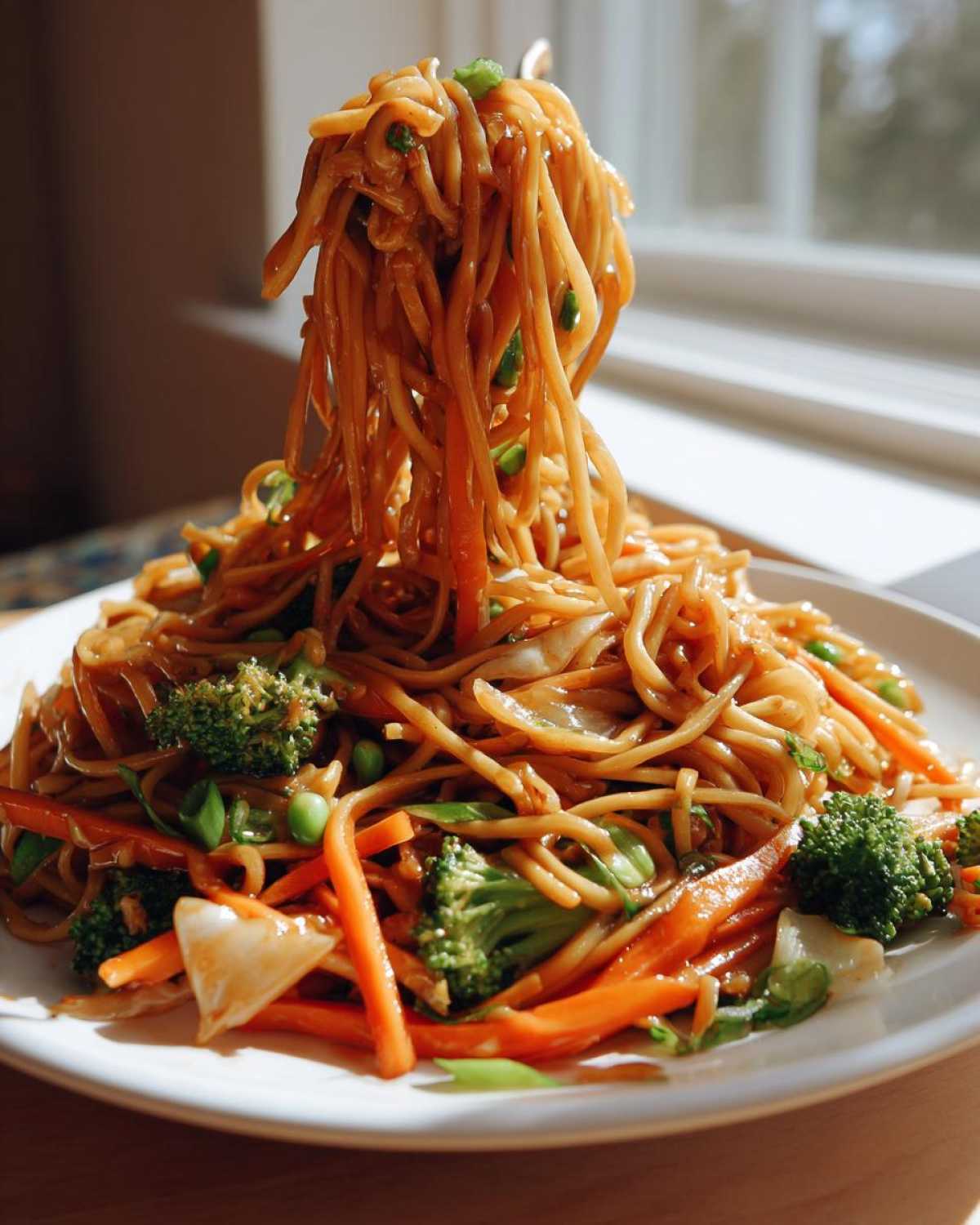 A fork lifts a large portion of saucy Stir Fried Lo Mein noodles mixed with bright vegetables like carrots and broccoli.