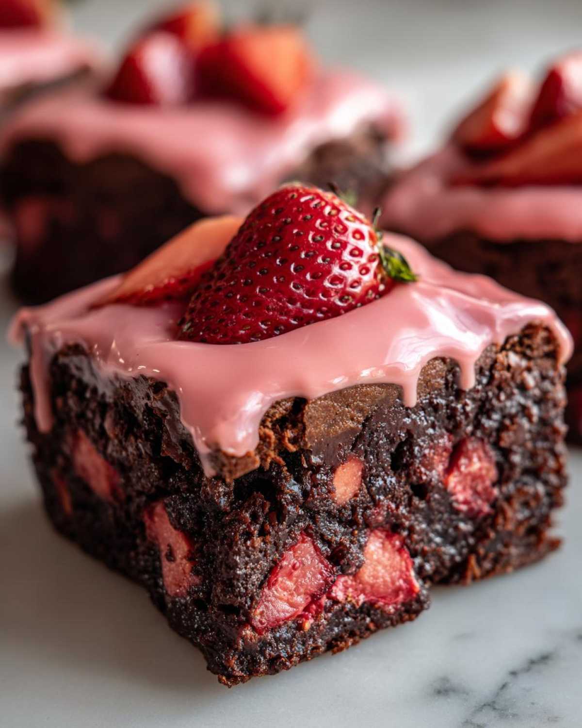 A close-up of a rich, fudgy Strawberry Brownies with Sweet Strawberry Glaze, topped with a whole strawberry.