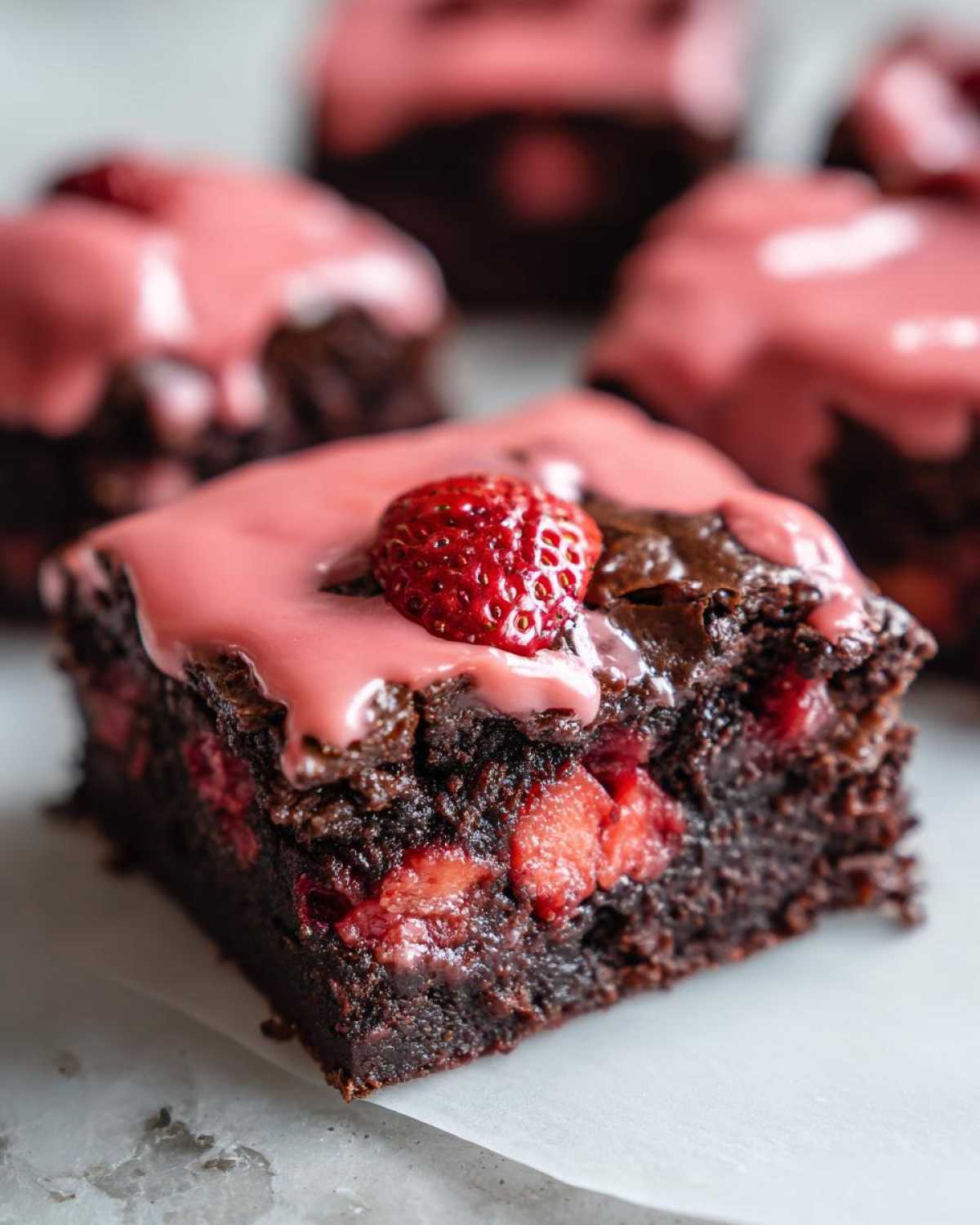 A close-up of a fudgy Strawberry Brownies with Sweet Strawberry Glaze, topped with a fresh strawberry.