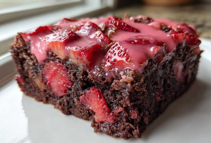 Close-up of a rich, fudgy Strawberry Brownies with Sweet Strawberry Glaze slice topped with fresh strawberries.