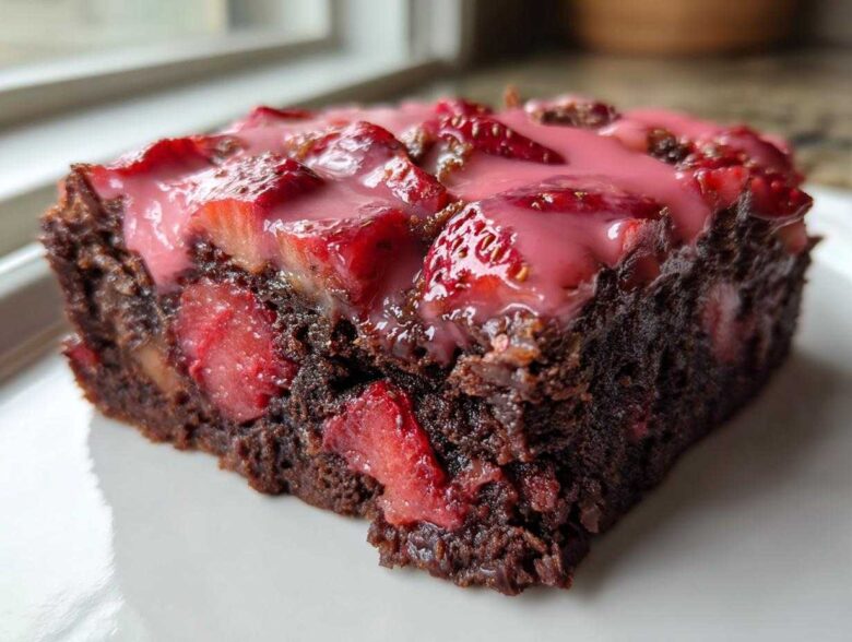 Close-up of a rich, fudgy Strawberry Brownies with Sweet Strawberry Glaze slice topped with fresh strawberries.