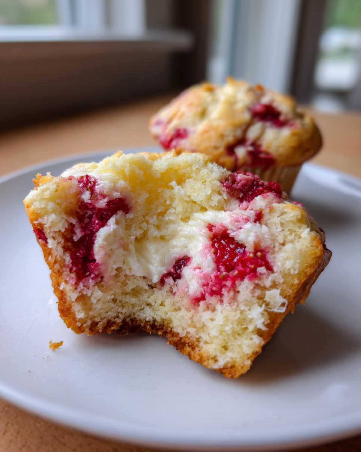 Close-up of a Strawberry Cream Cheese Muffin cut in half showing the moist crumb and cream cheese filling.