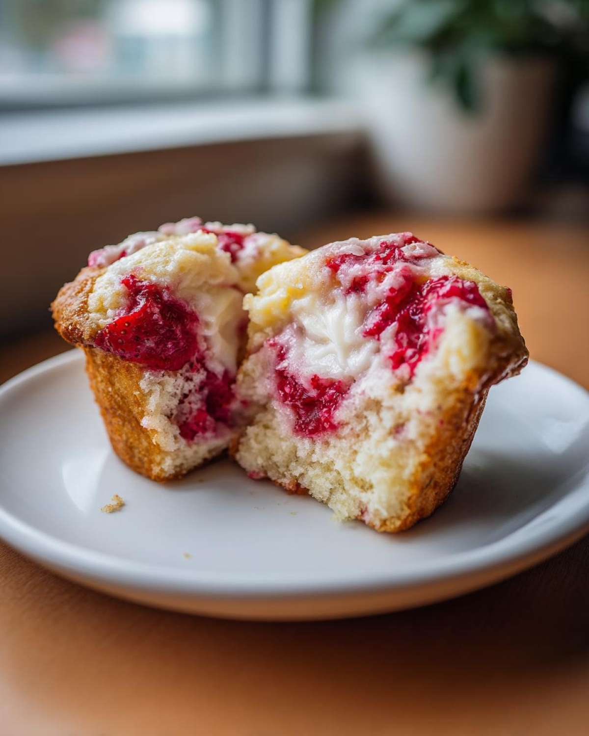 A close-up of a Strawberry Cream Cheese Muffin cut in half, showing the moist cake, bright red fruit, and creamy center.