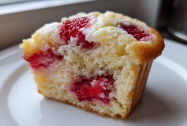 Close-up of a halved Strawberry Cream Cheese Muffin showing the moist crumb and bright red strawberry filling.
