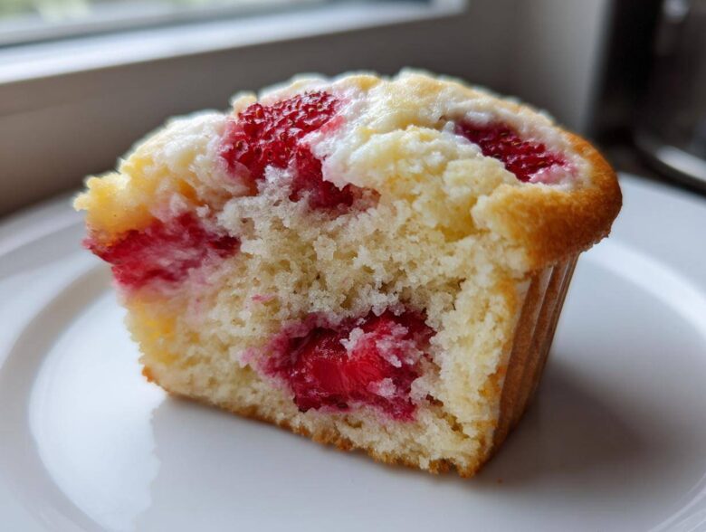 Close-up of a halved Strawberry Cream Cheese Muffin showing the moist crumb and bright red strawberry filling.