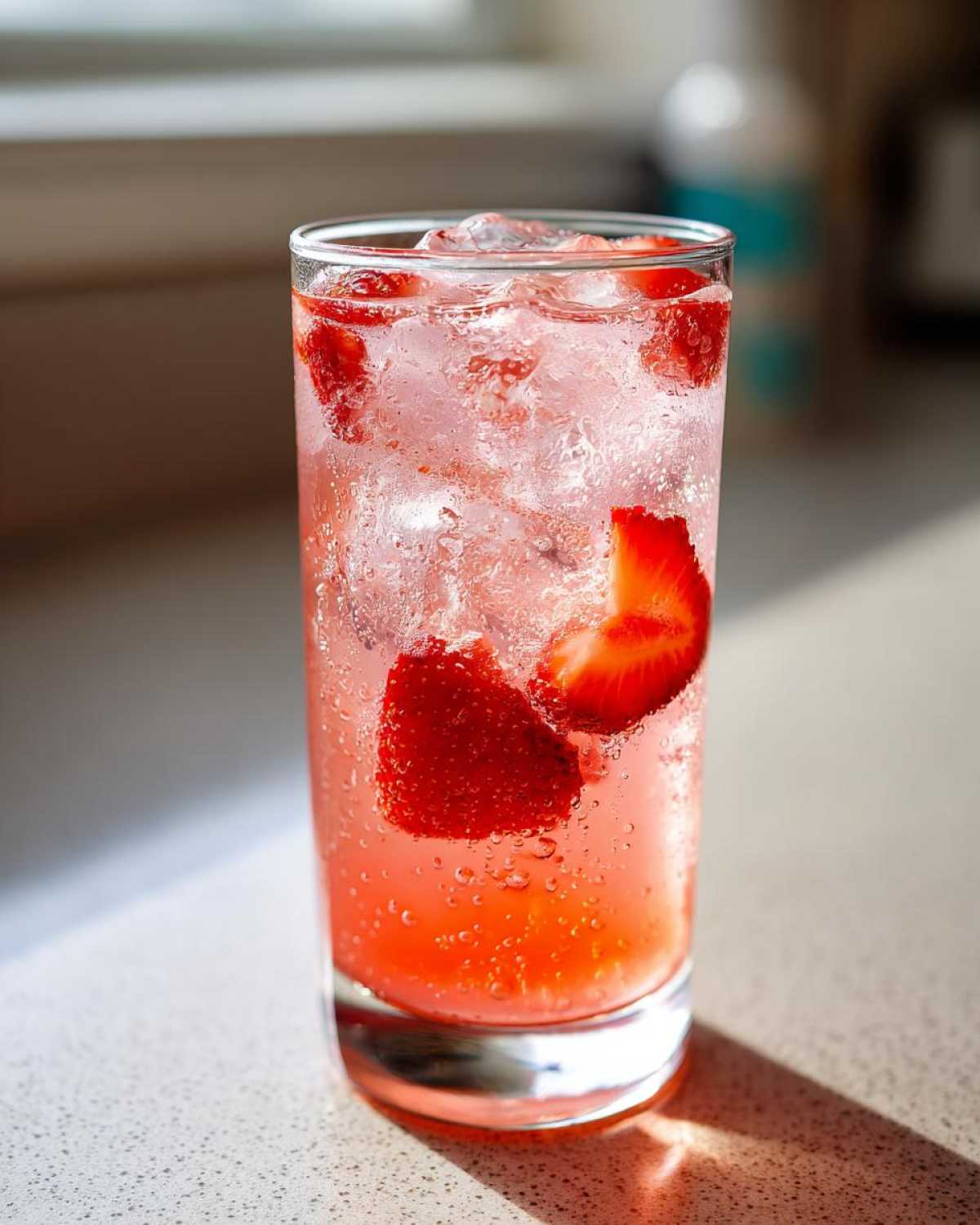 Close-up of a tall glass filled with fizzy Strawberry Lemonade, ice cubes, and fresh strawberry slices.