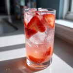 Close-up of a tall glass filled with bubbly Strawberry Lemonade, ice cubes, and fresh strawberry slices.