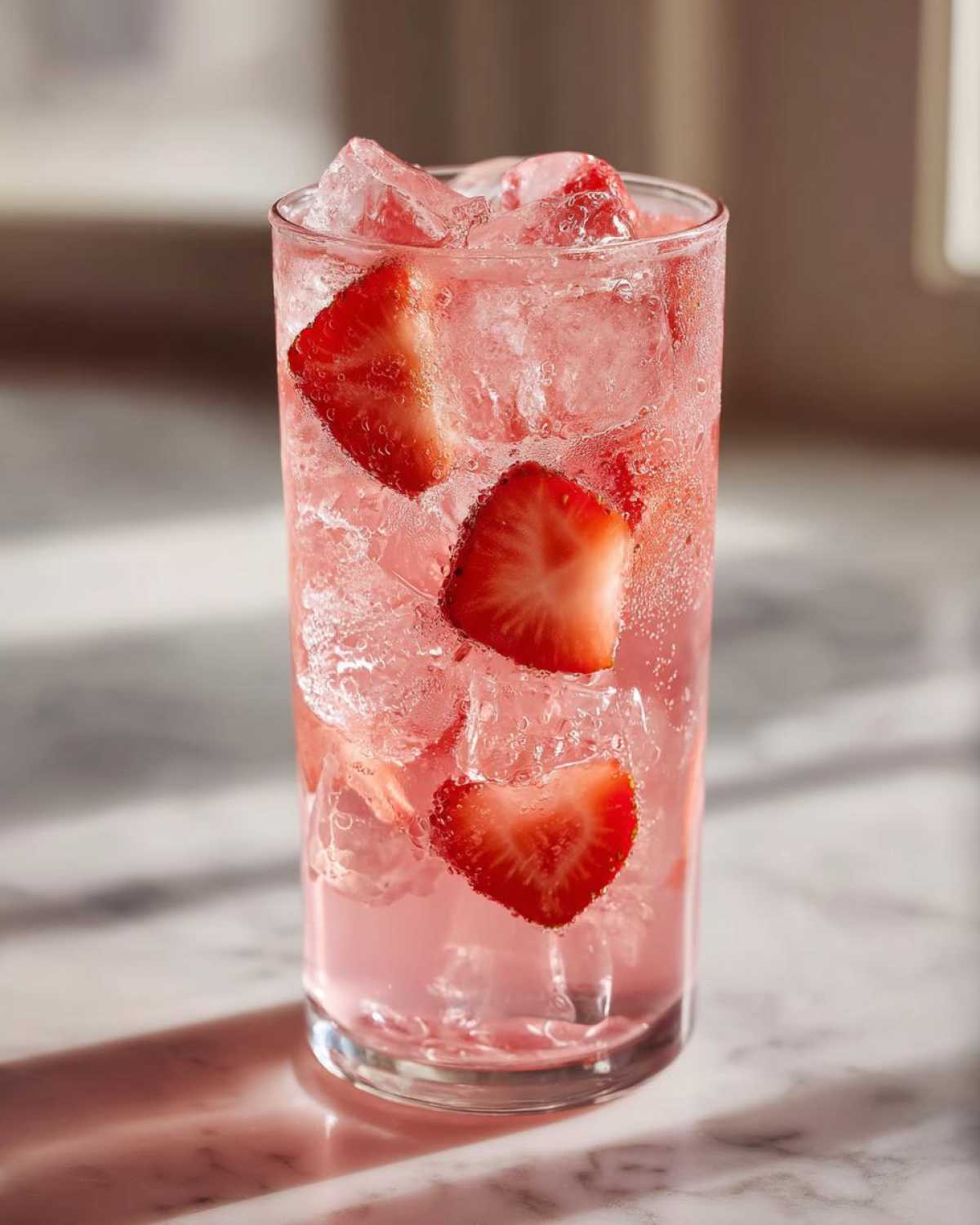 Close-up of a tall glass filled with pink Strawberry Lemonade, ice cubes, and fresh strawberry slices.