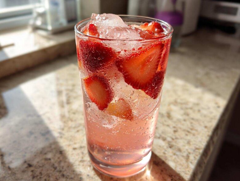 Close-up of a tall, sweating glass filled with pink Strawberry Lemonade, ice, and fresh strawberry slices.