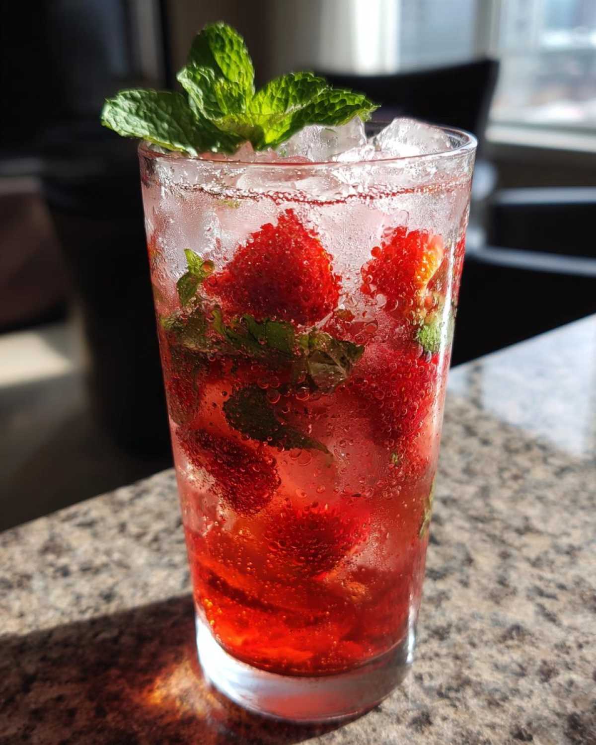 Close-up of a tall glass filled with a vibrant Strawberry Mojito Mocktail, featuring fresh strawberries, mint leaves, and crushed ice.