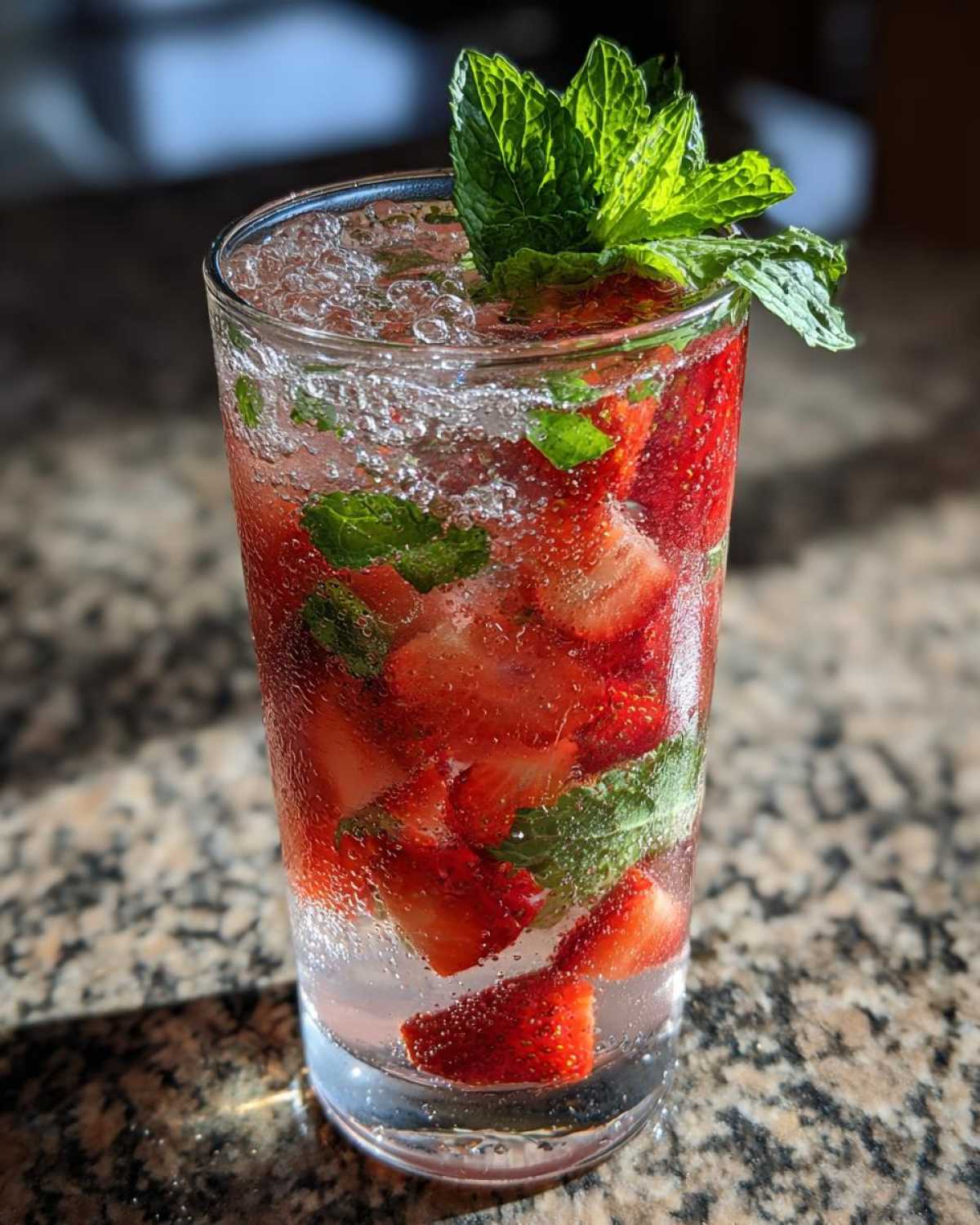 Close-up of a tall glass filled with a Strawberry Mojito Mocktail, featuring sliced strawberries, mint leaves, and sparkling water.
