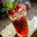 Close-up of a tall glass filled with a vibrant Strawberry Mojito Mocktail, crushed ice, muddled strawberries, and a fresh mint sprig.