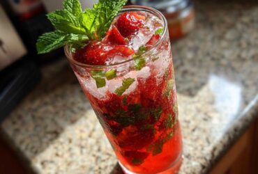 Close-up of a tall glass filled with a vibrant Strawberry Mojito Mocktail, crushed ice, muddled strawberries, and a fresh mint sprig.
