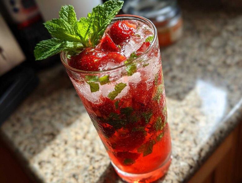 Close-up of a tall glass filled with a vibrant Strawberry Mojito Mocktail, crushed ice, muddled strawberries, and a fresh mint sprig.