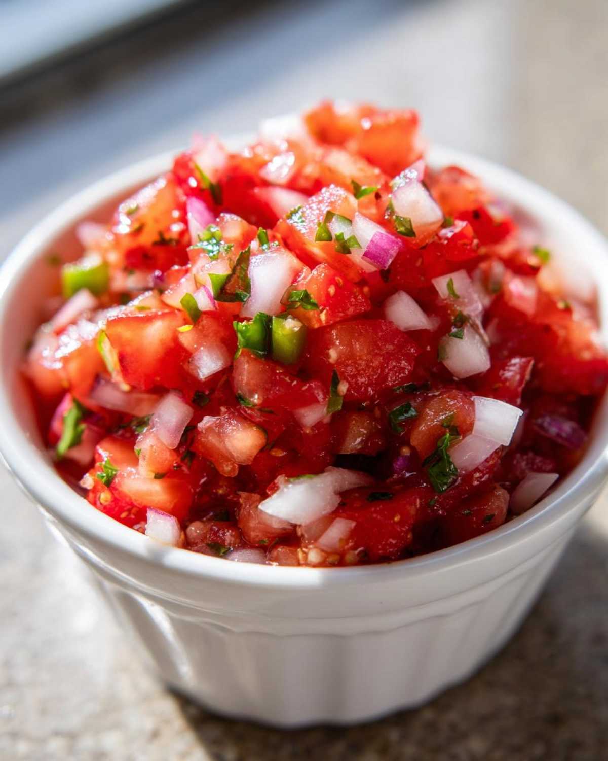 Close-up of vibrant Strawberry Salsa featuring diced strawberries, red onion, and cilantro in a small white bowl.
