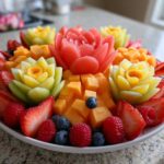 A vibrant Baby Bloom Fruit Platter featuring carved melon flowers surrounded by strawberries, raspberries, blueberries, and cantaloupe cubes.