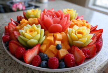 A vibrant Baby Bloom Fruit Platter featuring carved melon flowers surrounded by strawberries, raspberries, blueberries, and cantaloupe cubes.