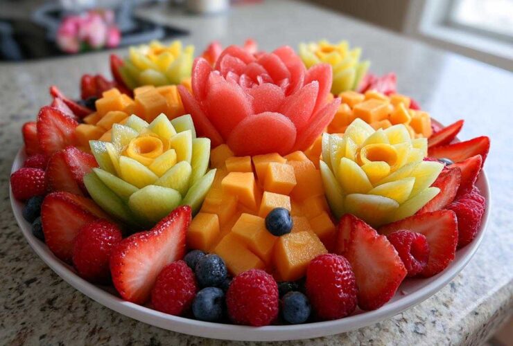 A vibrant Baby Bloom Fruit Platter featuring carved melon flowers surrounded by strawberries, raspberries, blueberries, and cantaloupe cubes.