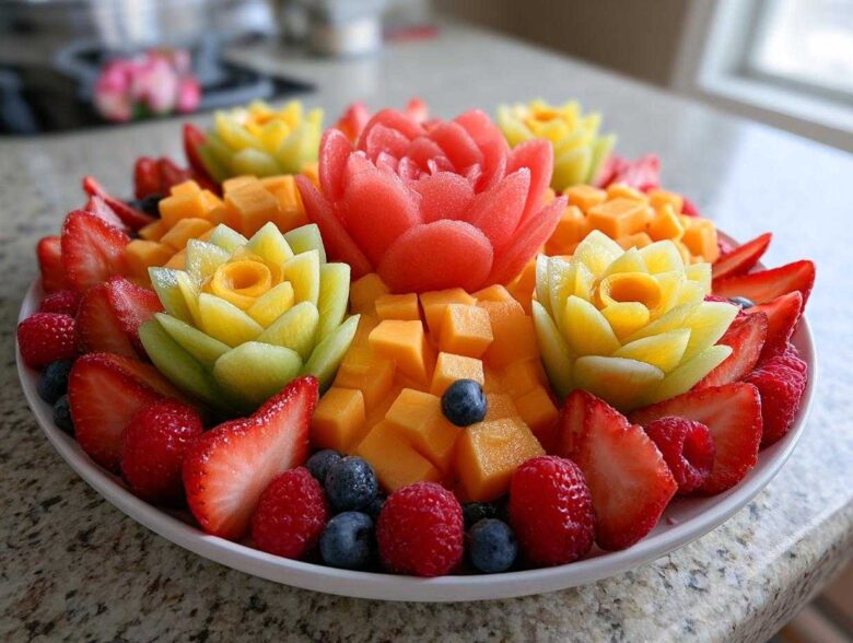A vibrant Baby Bloom Fruit Platter featuring carved melon flowers surrounded by strawberries, raspberries, blueberries, and cantaloupe cubes.