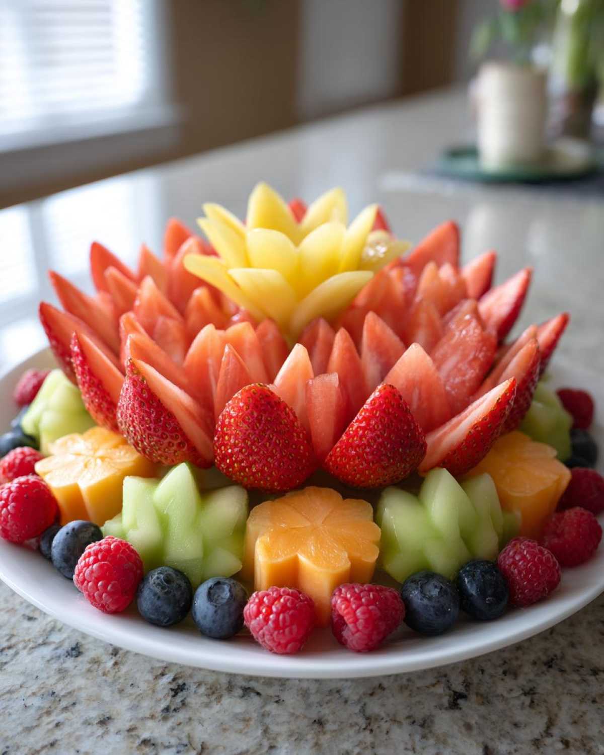 A stunning Baby Bloom Fruit Platter centerpiece featuring carved mango, sliced strawberries, and melon cutouts.