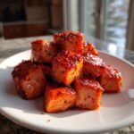 A pile of glistening Sweet Chili Lime Salmon Bites coated in a spicy-sweet glaze, served on a white plate.