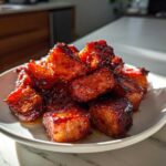 A pile of glistening, caramelized Sweet Chili Lime Salmon Bites served on a small white plate.