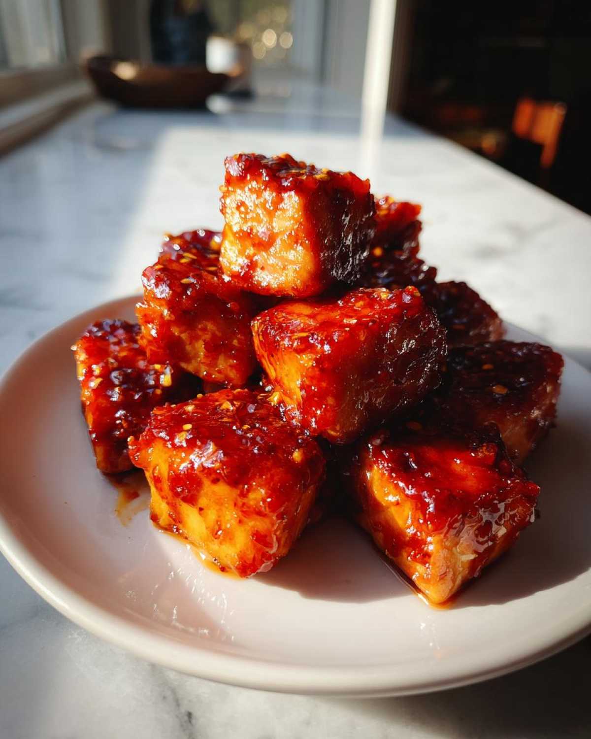 A stack of glistening Sweet Chili Lime Salmon Bites coated in a thick, spicy-sweet red glaze, served on a light plate.