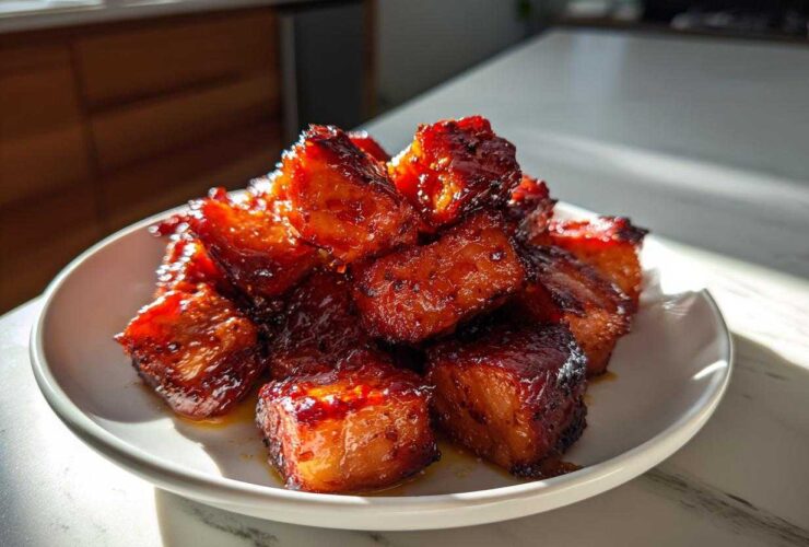 A pile of glistening, caramelized Sweet Chili Lime Salmon Bites served on a small white plate.