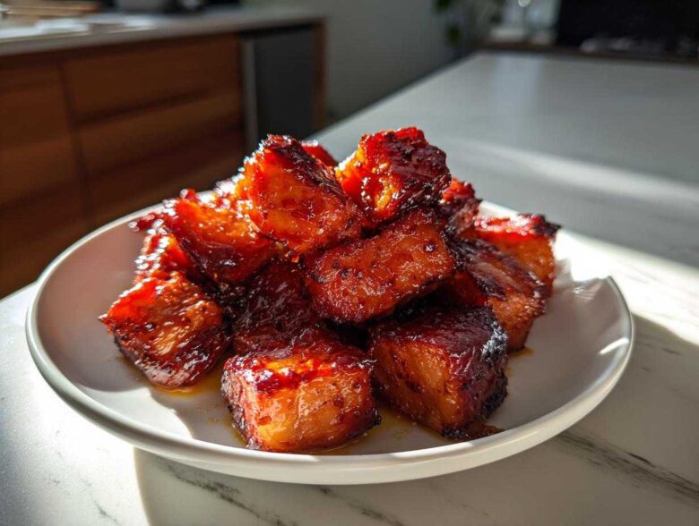 A pile of glistening, caramelized Sweet Chili Lime Salmon Bites served on a small white plate.