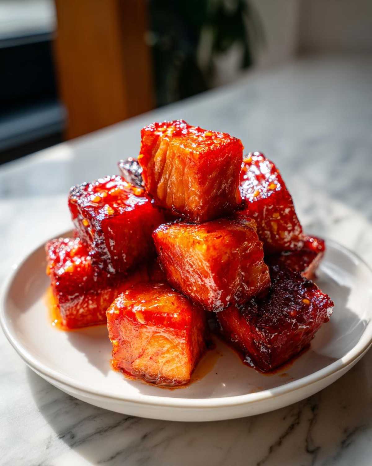 A stack of glistening, glazed Sweet Chili Lime Salmon Bites piled high on a small white plate.