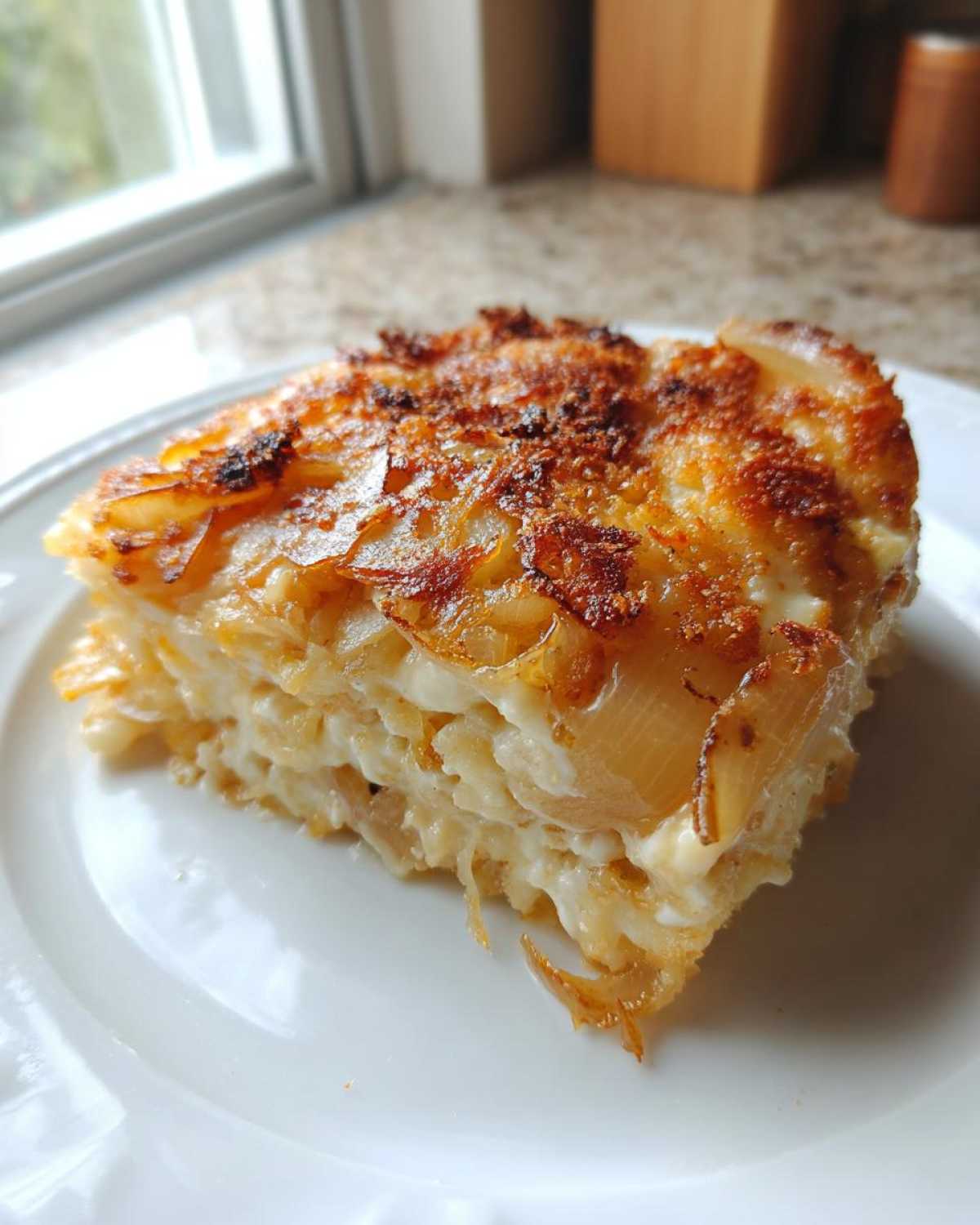 A square slice of creamy Tennessee Onions Gratin with a deeply browned, crispy top layer, served on a white plate.