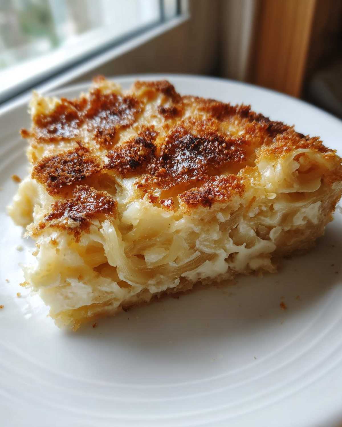 A close-up slice of creamy Tennessee Onions Gratin with a deeply browned, crispy top, served on a white plate.