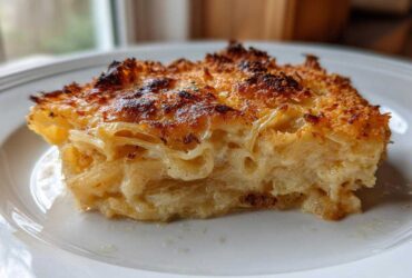 A close-up of a square serving of Tennessee Onions Gratin, showing layers of tender onions and a deeply browned, crispy topping.