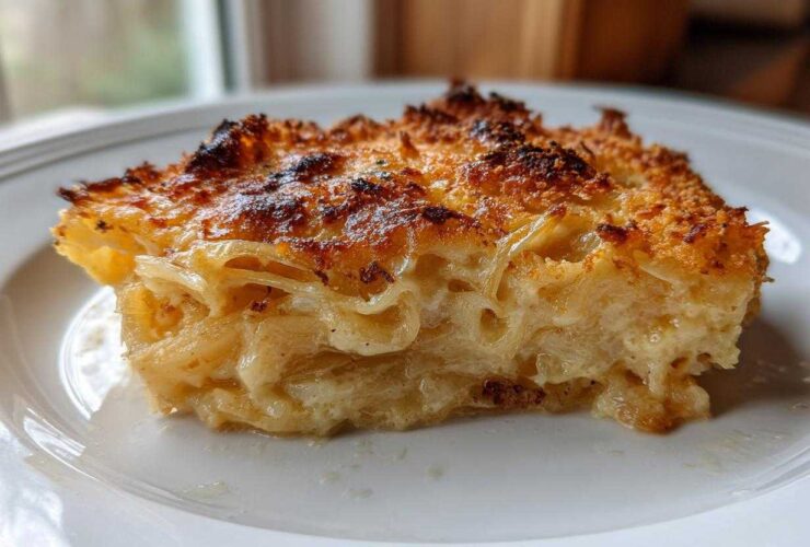 A close-up of a square serving of Tennessee Onions Gratin, showing layers of tender onions and a deeply browned, crispy topping.