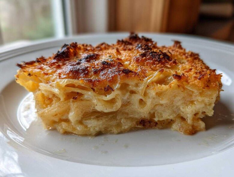 A close-up of a square serving of Tennessee Onions Gratin, showing layers of tender onions and a deeply browned, crispy topping.