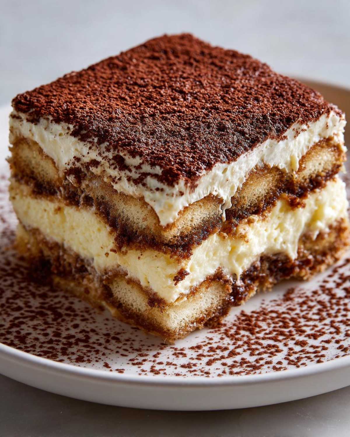 A decadent slice of Tiramisu, layered with coffee-soaked ladyfingers and cream, dusted heavily with cocoa powder, related to Recetas de Café.