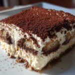 Close-up of a rich Tiramisu slice dusted with cocoa powder, a perfect example of a delicious Recetas de Café dessert.